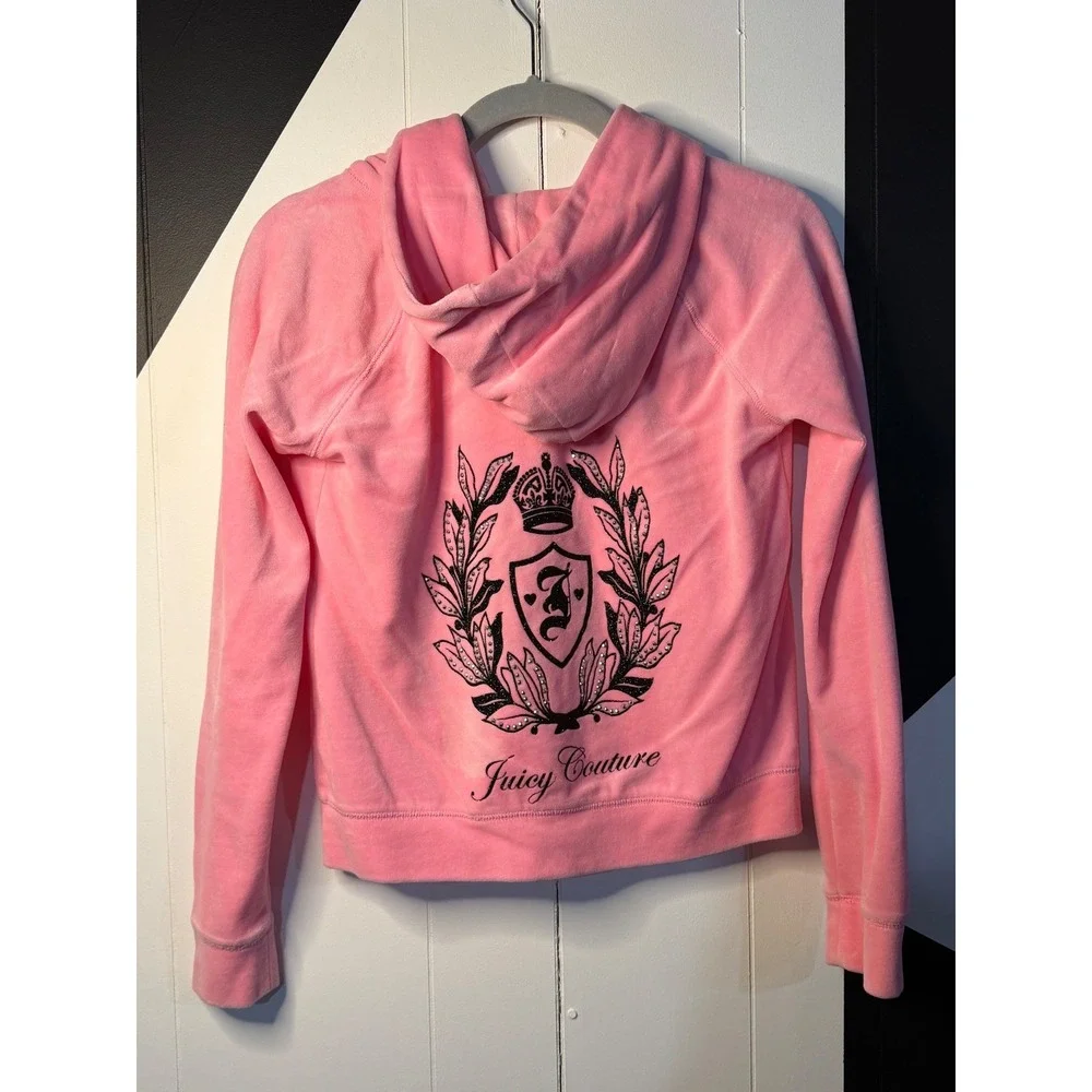 VTG Juicy Couture Hoodie Pink Velour Rhinestone Crest Zip Up Chic Girl XL 16 Y2K
